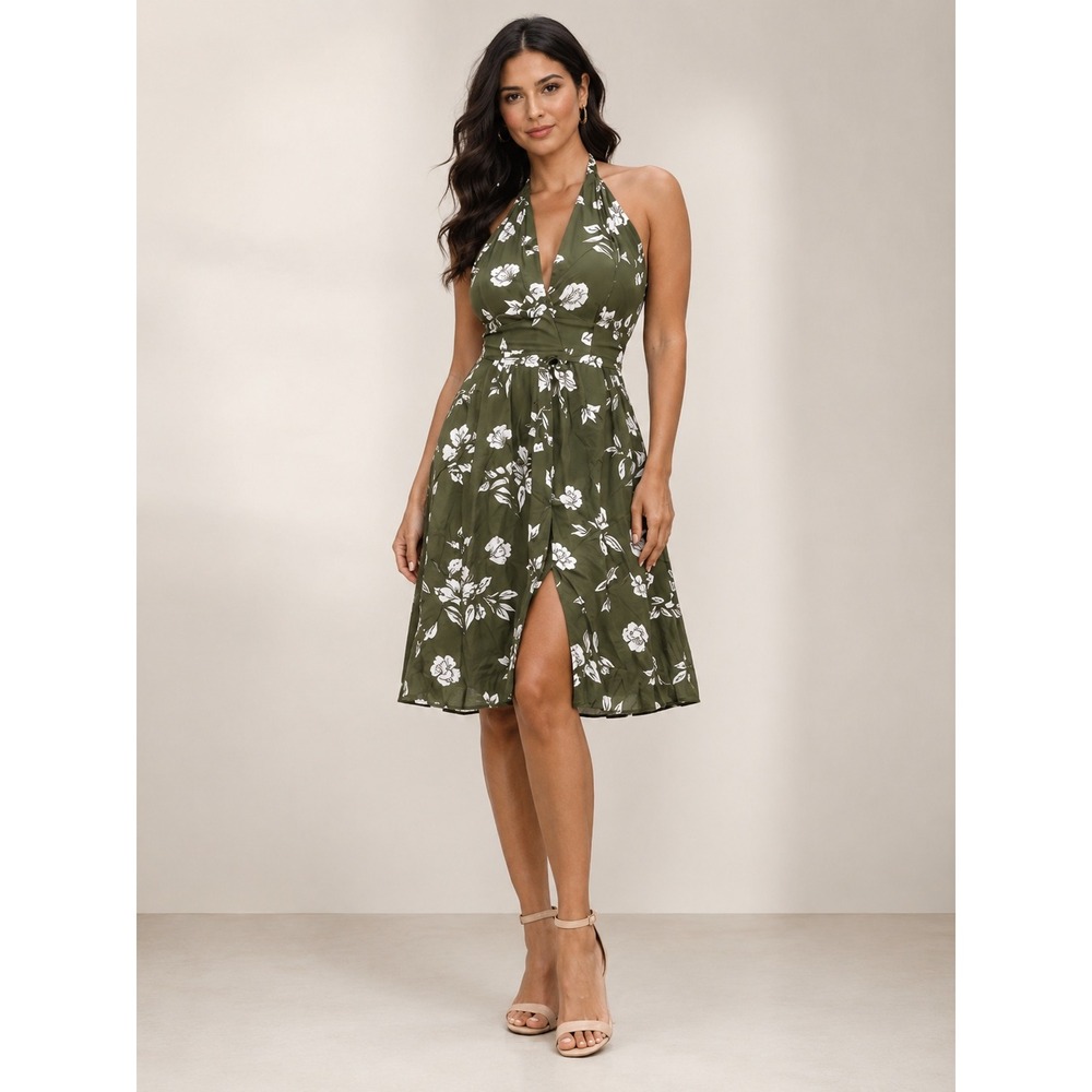 Essue Floral Halter Midi Dress Size M Olive Green White Deep V-Neck Front Slit
